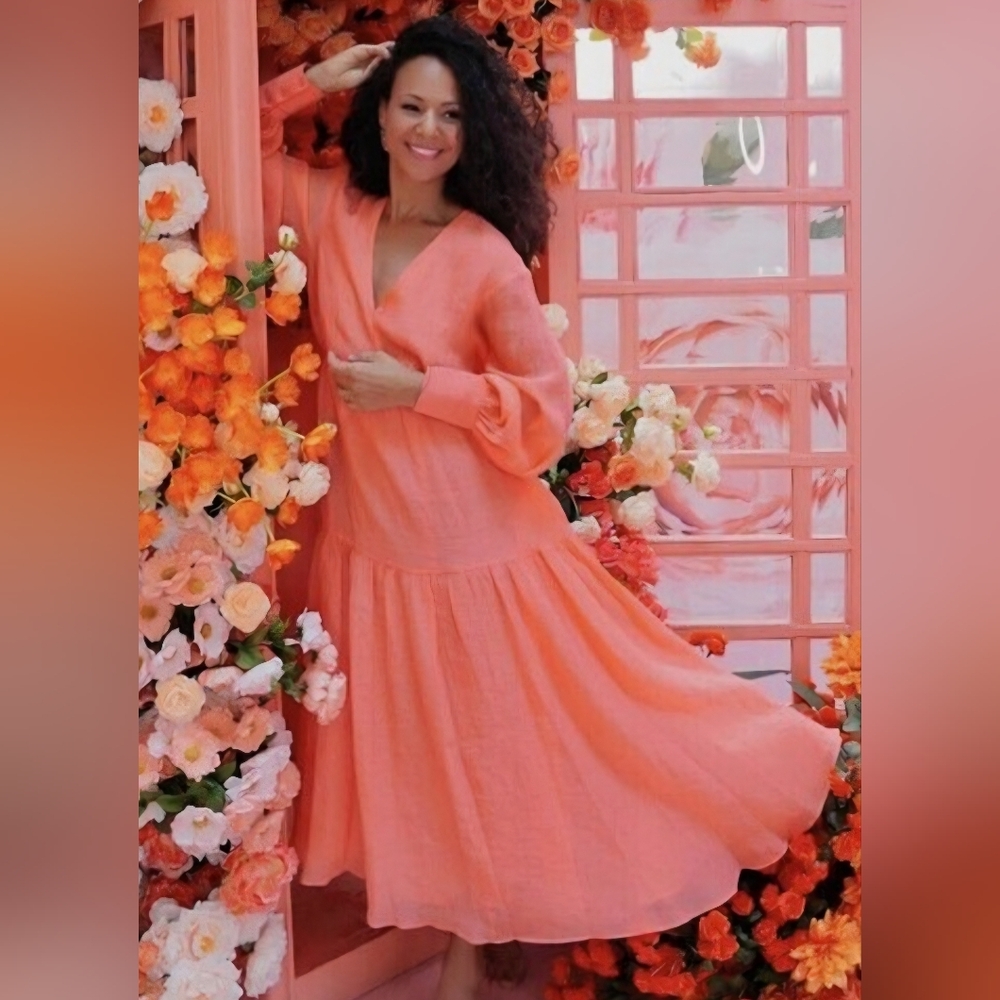 NWT H&M Conscious Collection Coral Pink Lyocell Chiffon Long Sleeve Dress-Sz XS